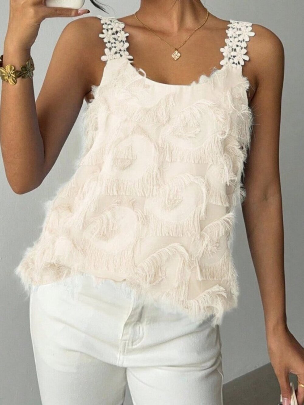 Apricot Casual Women's Elegant Floral Lace Patchwork Textured Camisole Top